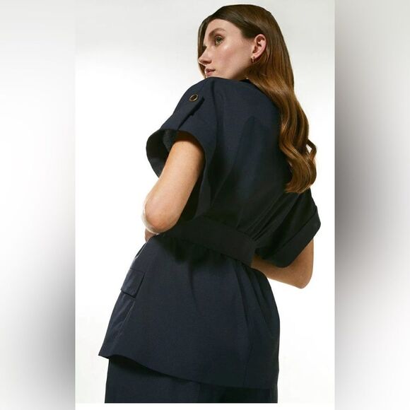 Karen Millen blazer Polished Stretch Belted blazer in navy Size US 4. NWT - Picture 2 of 11